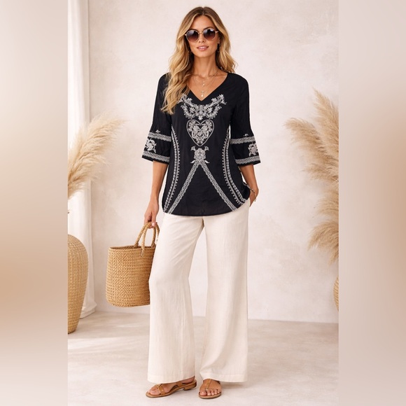 Johnny Was Tops - Johnny Was Black and White Embroidered Boho Tunic Blouse